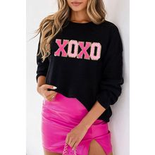 Black XOXO Glitter Print Round Neck Casual Sweater
