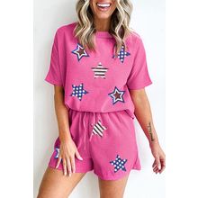 Rose Red Waffle Sequin American Flag Star Graphic 2 Piece Shorts Set