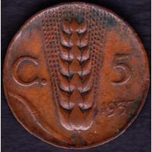 1937 Italy 5 Centesimi Coin
