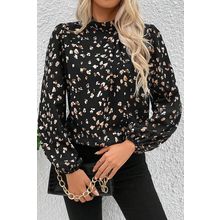 Black Leopard Print Lantern Sleeve Mock Neck Pleated Blouse