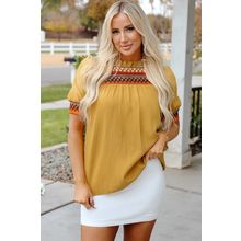 Mustard Geometric Short Puff Sleeve Frilled Collar Blouse