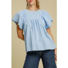 Beau Blue Solid Color Embroidered Scalloped Sleeves Crew Neck Blouse