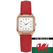 Ladies Small 2.3 cm White Square Face Steel Back Red Suedette Strap Watch