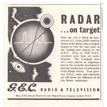 G E C RADAR radio & television :- Post War Original Vintage 1946 Magazine Advert