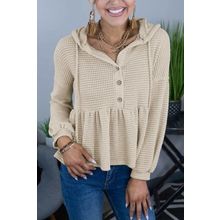 Apricot Waffle Knit Buttons Ruffled Hooded Top