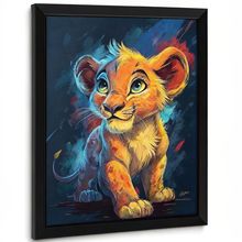 Little Lion Colourful Art Print Nursery Wall Art Framed Animal Lion Print Gift (