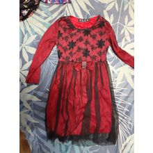 girls red lined black lace overlay dress size 32 estimate size 6 - 7 chest 62cm