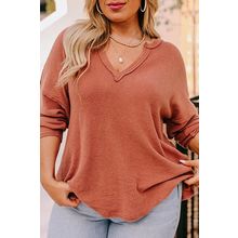 Gold Flame Plus Size Exposed Seam V Neck Long Sleeve Top