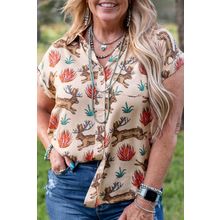 Khaki Plus Size Western Pattern Print Buttoned Short Sleeve Shirt