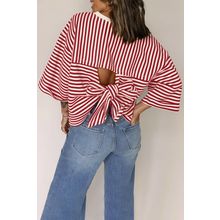 Red Stripe Bowknot Cutout Back Drop Shoulder Wide Bracelet Sleeve Loose Tee