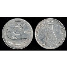 Italy 5L 1954 Dolphin and Rudder Used Coin