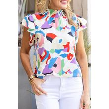 Multicolor Abstract Print Ruffle Sleeve Smocked Blouse
