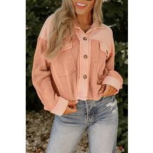 Orange Textured Waffle Knit Chest Pockets Cropped Shacket