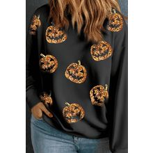 Black Sequin Pumpkin Face Graphic Plus Size Halloween Sweatshirt