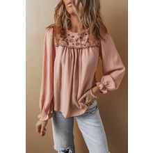 Gossamer Pink Floral Embroidered Textured Flounce Sleeve Elegant Blouse