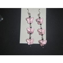 Outstanding faceted clear pink crystal glass long swing butterfly earrings