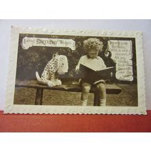 BIRTHDAY, used vintage postcard RP c.1931 dalmation dog soft toy /