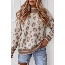 Brown Two-tone Ribbed Trim Contrast Leopard Sweater