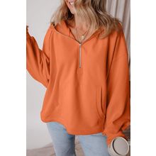 Orange Fleece Lined Half Zipper Kangaroo Pockets Loose Hoodie