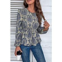 Sky Blue Boho Printed Balloon Sleeve Smocked Peplum Blouse