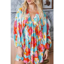 Sky Blue Floral Bracelet Sleeve Empire Waist Mini Dress