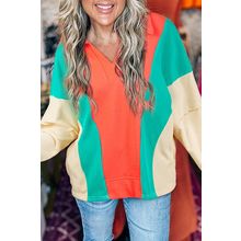 Grapefruit Orange Color Block Patchwork Collared V Neck Loose Top