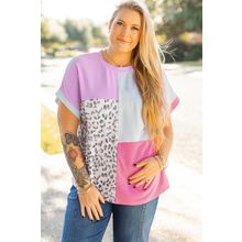 Rose Red Leopard Colorblock Patchwork Corded Knit Plus Size T Shirt