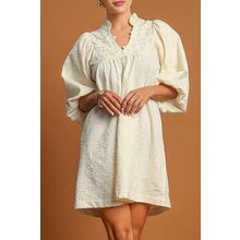 White Floral Textured Bubble Sleeve Frilled Notched Neck Dress