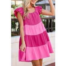 Pink Crinkled Colorblock Patchwork Flutter Tiered Mini Dress