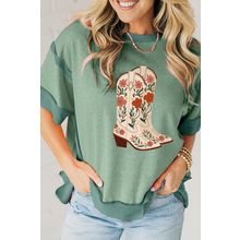 Smoke Green Floral Boots Printed Raw Seam Mix Texture Patchwork Tee