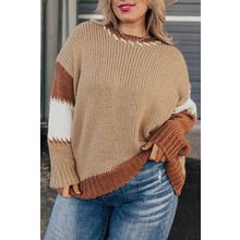 Light French Beige Contrast Stitch Detail Color Block Knitted Plus Size Sweater