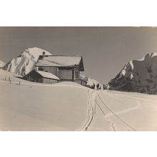 Adelboden Switzerland Ski Hut Skiers Snow Tracks Old Postcard