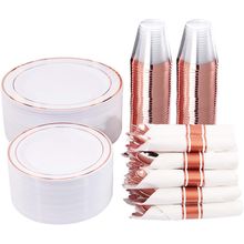 WELLIFE 350 Pieces Rose Gold Plastic Dinnerware, 50 Guests Disposable Plates wit