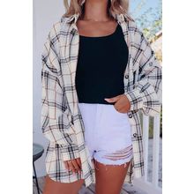 White Oversized Plaid Pattern Shacket with Slits