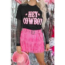 Black HEY COWBOY Letters Crew Neck T-shirt