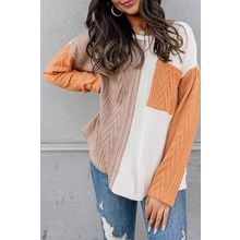 Orange Long Sleeve Colorblock Chest Pocket Textured Knit Top