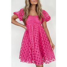 Strawberry Pink Checkered Puff Sleeve Babydoll Dress