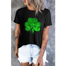 Black Sequin Clover Embroidered Round Neck Graphic Tee