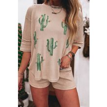 Light French Beige Cactus Forest Waffle Half Sleeve Tee Short Set