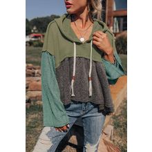 Laurel Green Mixed Textured Colorblock Patchwork Wide Sleeve Frayed High Low Hoo