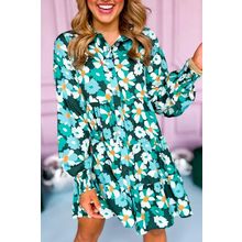 Green Floral Tiered Long Puff Sleeve Shirt Dress