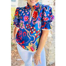 Blue Abstract Print Frilled Collar Ruffled Puff Short Sleeve Top