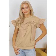 Parchment Two Tones Ribbon Bow Ruffle Sleeve Top