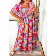 Rose Abstract Printed Puff Sleeve Square Neck Smocked Bust Tied Back Plus Size D