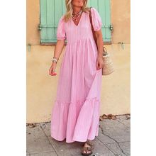 Pink Stripe V Neck Puff Short Sleeve Maxi Dress