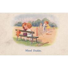 Mixed Doubles Tennis Comic Kissing Romance Old Postcard