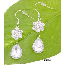 Rhinestone Flower w/ Dangling Tear Drop Earrings - Clear - ER-21755CR