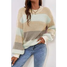 Brown Colorblock Textured Knit Bubble Sleeve Sweater