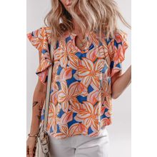 Orange Summer Flower Print Notched Neck Ruffle Sleeve Blouse