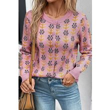 Pink Floral Button Down Ribbed Banded Cardigan Sweater
